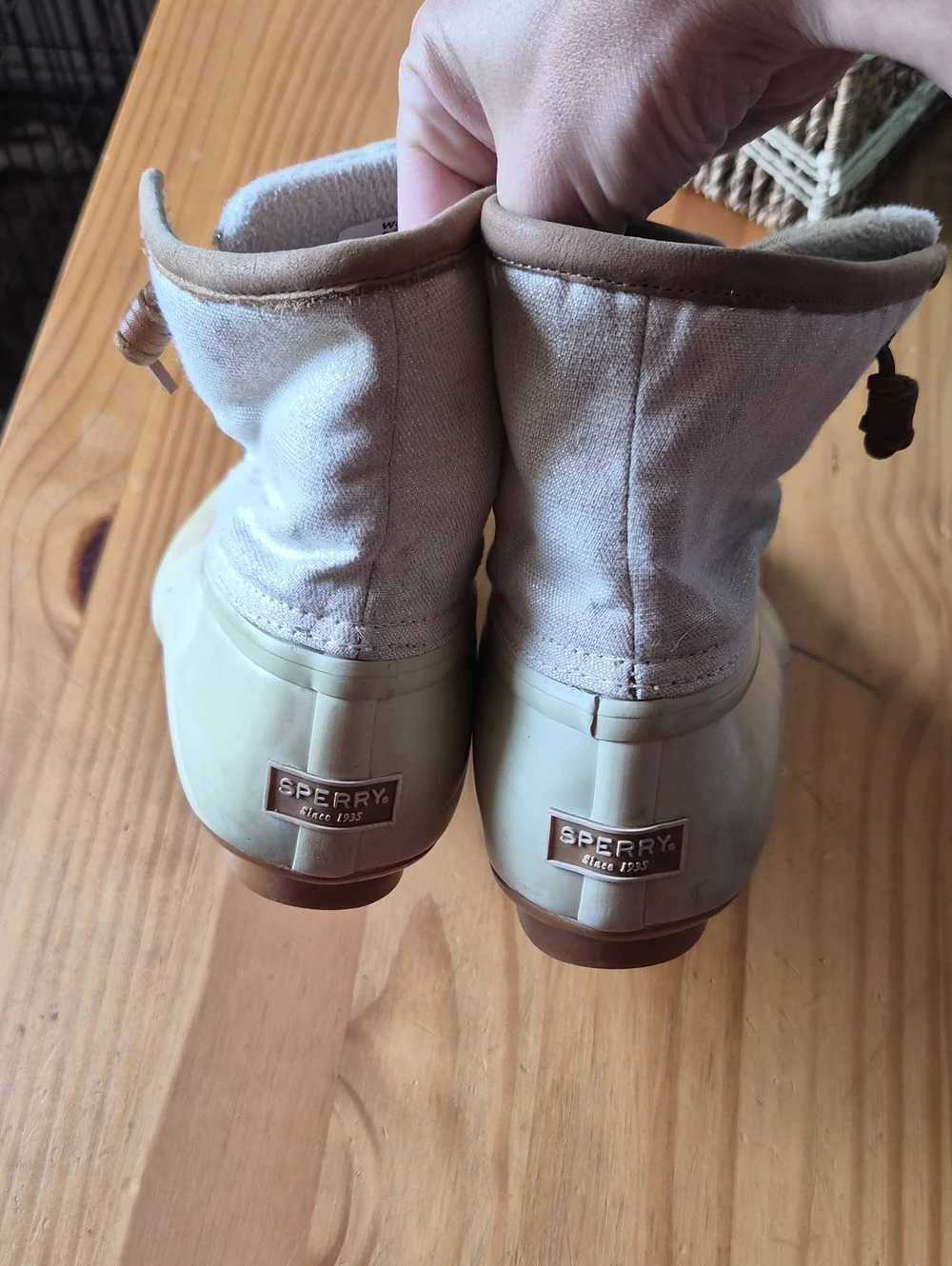 Sperry Saltwater Duck Boots in Cream and Tan Glitter 8.5 Womens